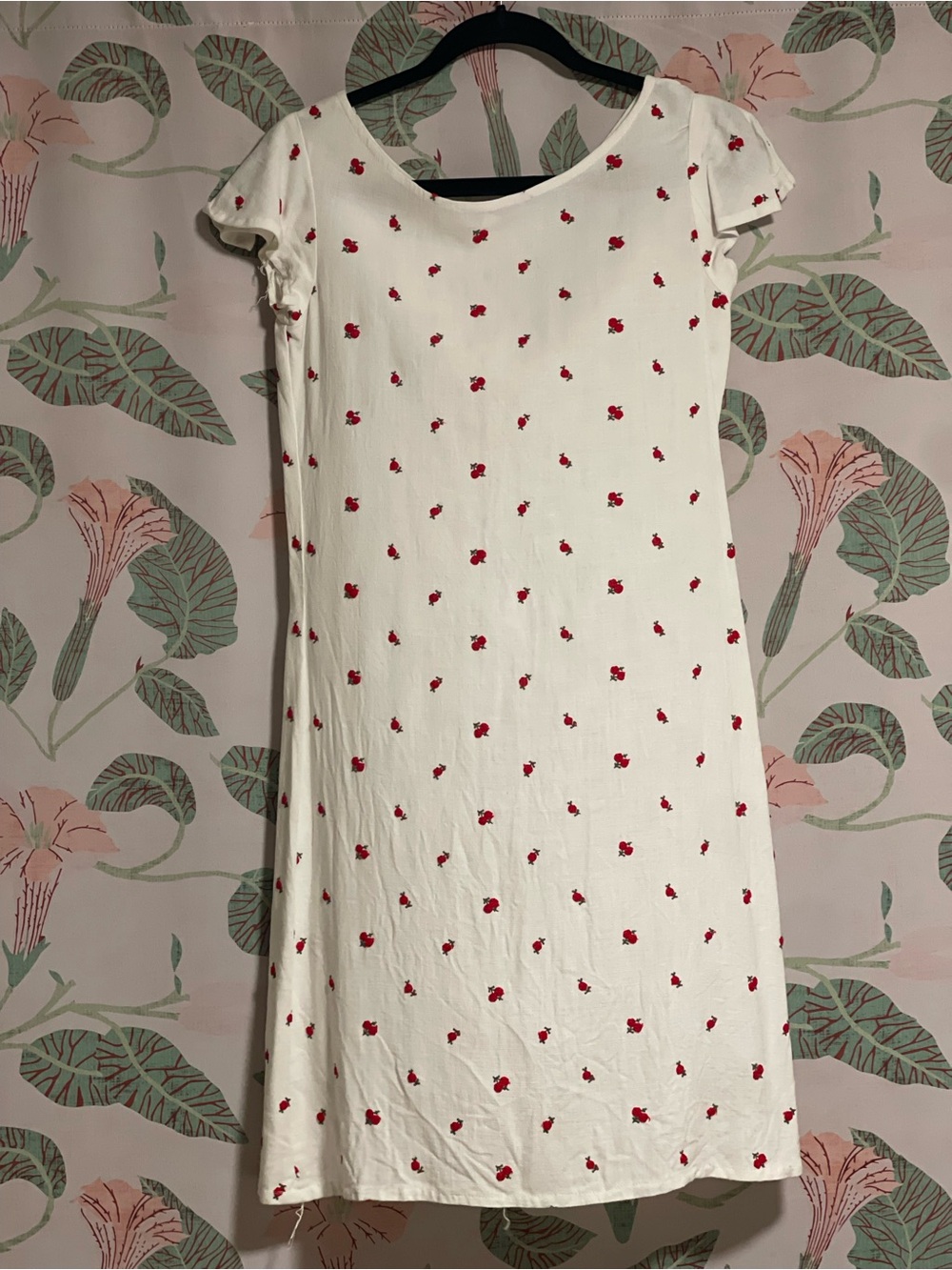 White Dress with Red Floral Embroidery - Women's Short Sleeve